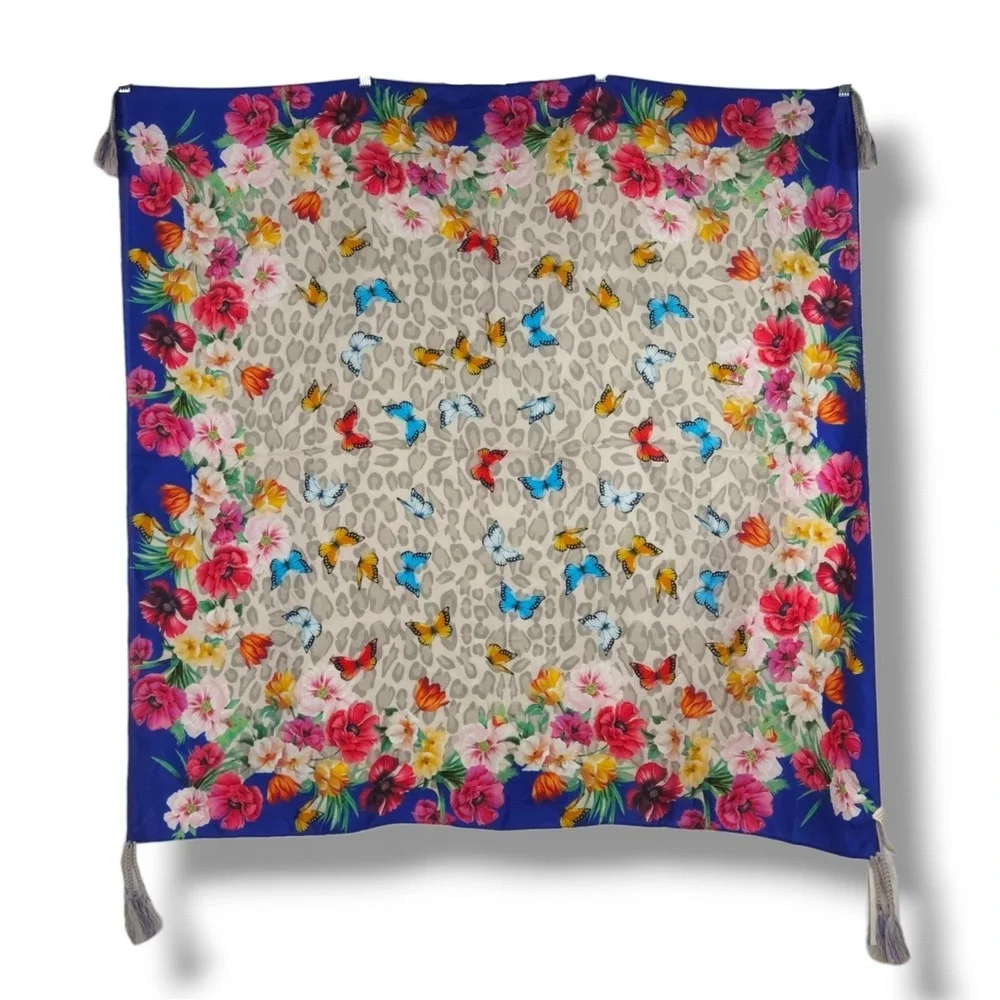 Johnny Was Silk Tassel Scarf Floral Butterfly Leopard Cobalt Blue 42x42 NWT OS
